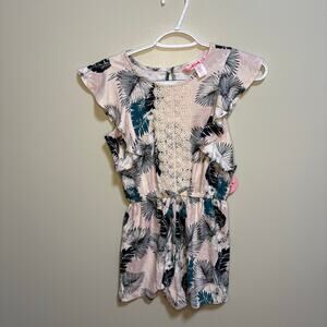 1st Kiss Girls Cream Green Leaf Tropical Ruffle Sleeve Lace Boho Romper SZ 10/12